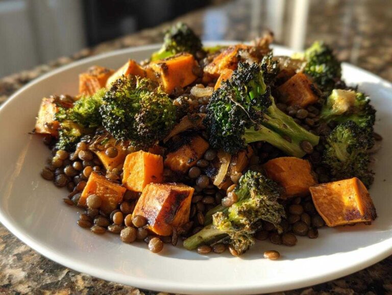 Close-up of a veggie lentil salad featuring brown lentils, roasted sweet potatoes, and charred broccoli florets.