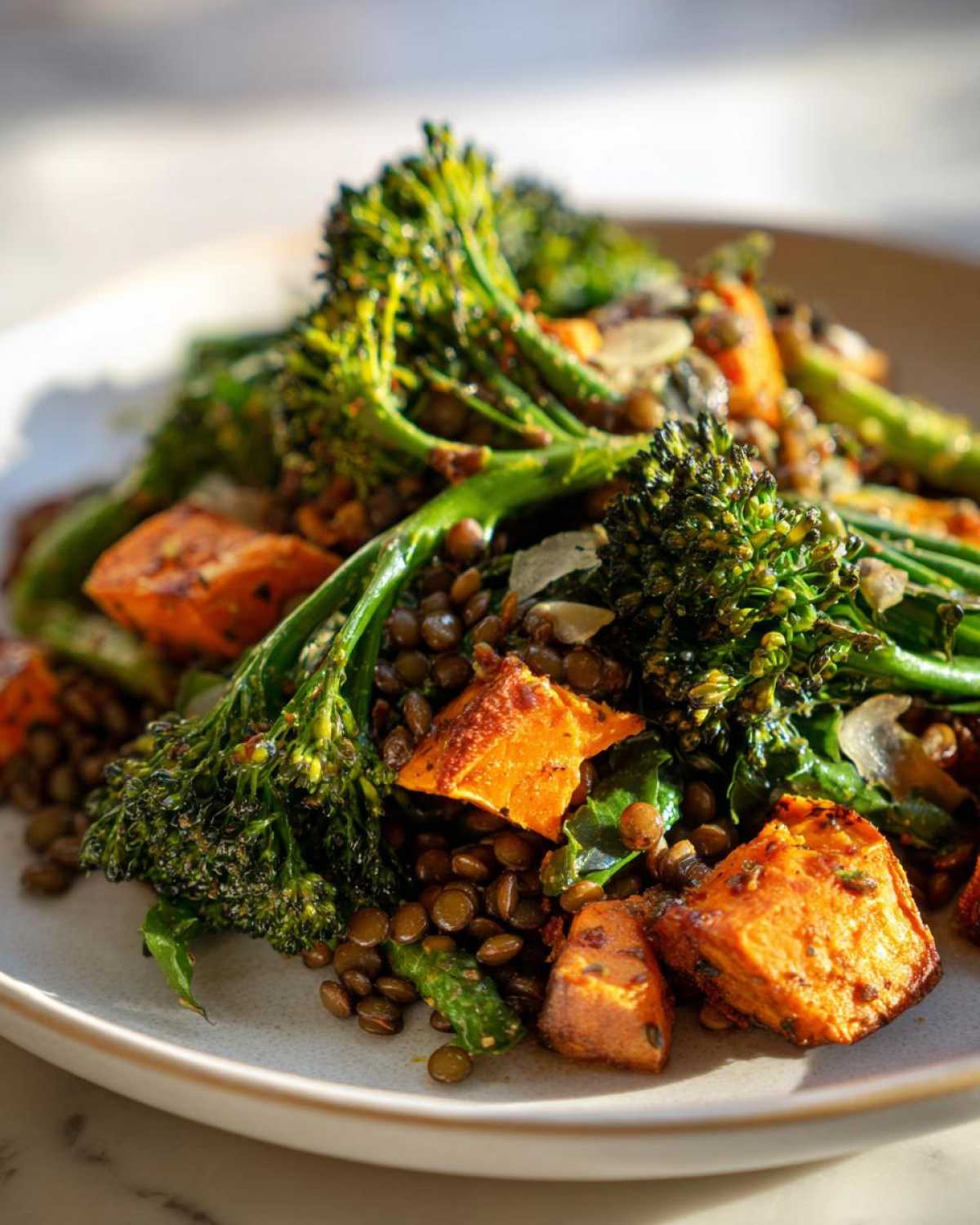 A close-up of a hearty veggie lentil salad featuring roasted sweet potatoes and vibrant green broccolini.