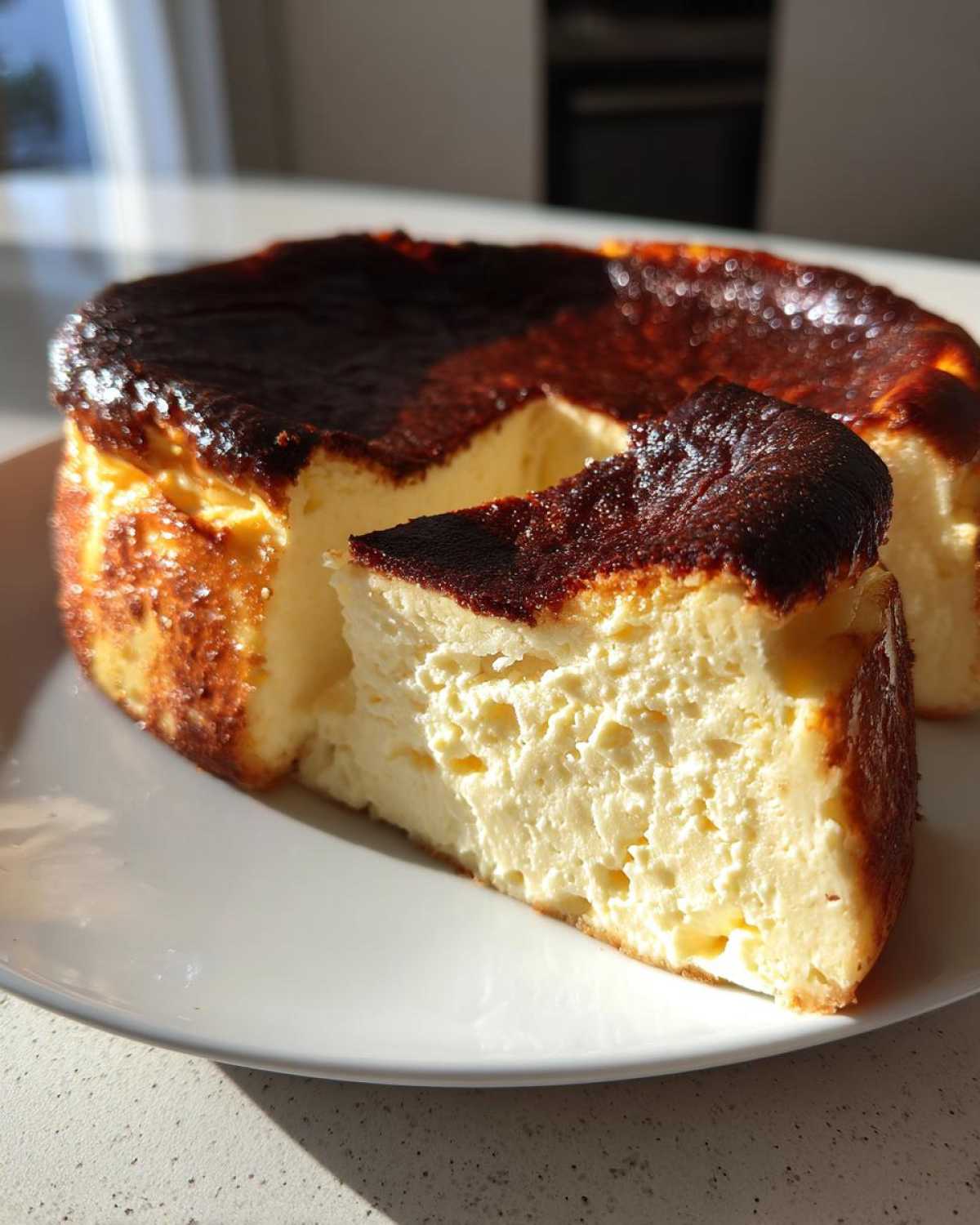 A slice of creamy, velvet basque burnt cheesecake showing its dark caramelized top and soft interior.