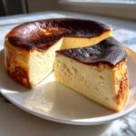 A slice of creamy basque burnt cheesecake with a deeply caramelized top, sitting next to the rest of the cake.