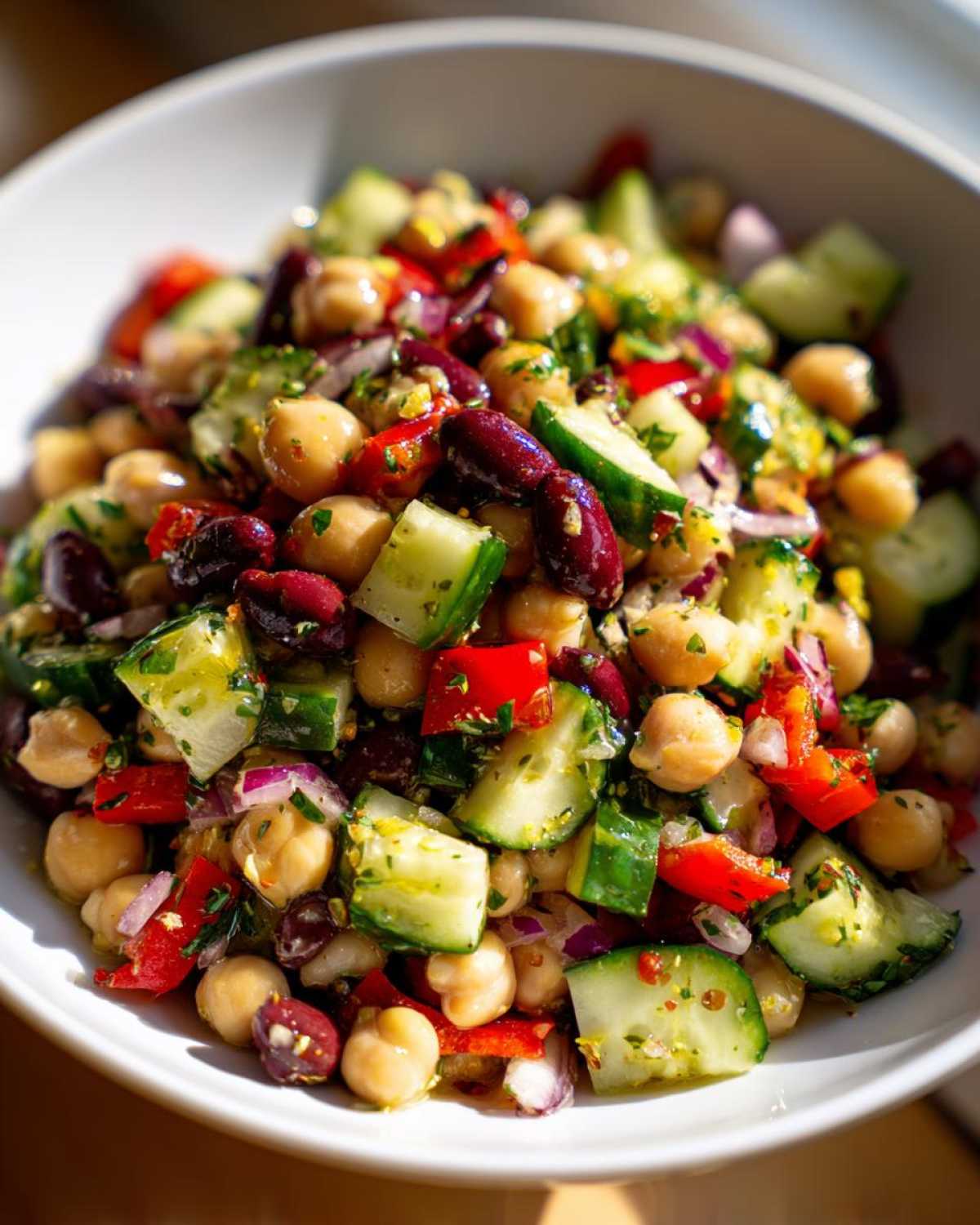 Close-up of a vibrant bean salad featuring chickpeas, kidney beans, cucumber, and red pepper in a white bowl.