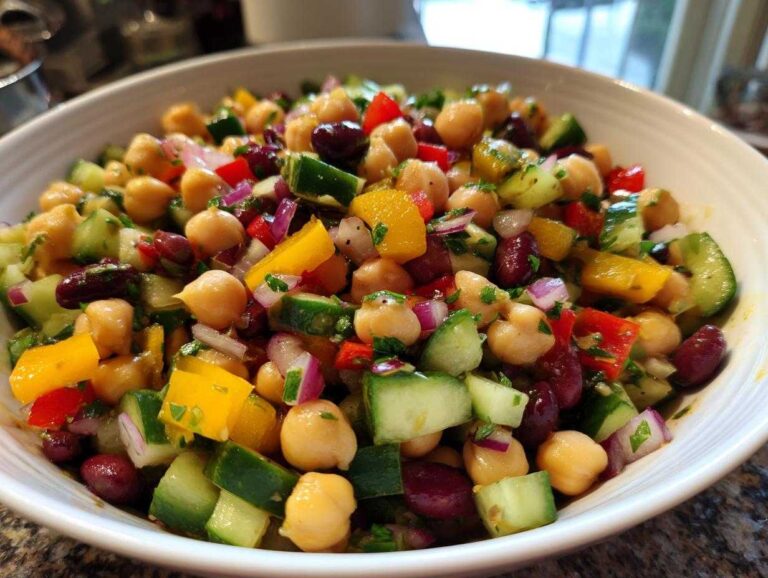 Close-up of a colorful bean salad featuring chickpeas, kidney beans, cucumber, and yellow bell pepper.