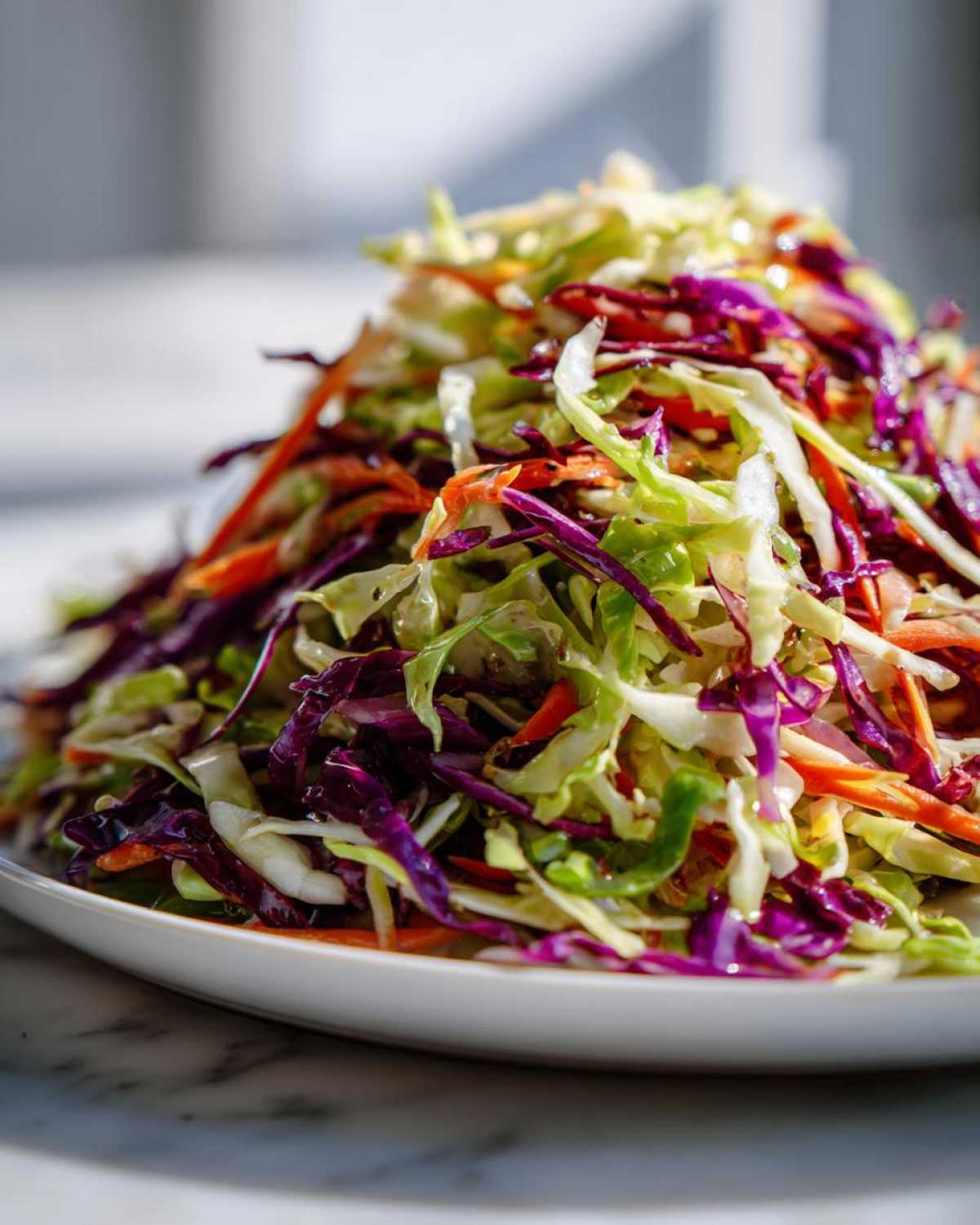 Close-up of a vibrant, freshly tossed cabbage salad featuring shredded red and green cabbage and carrots.