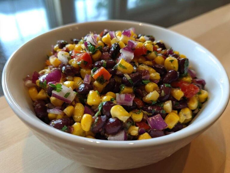 Close-up of a white bowl filled with colorful cowboy caviar featuring black beans, corn, red onion, and tomatoes.