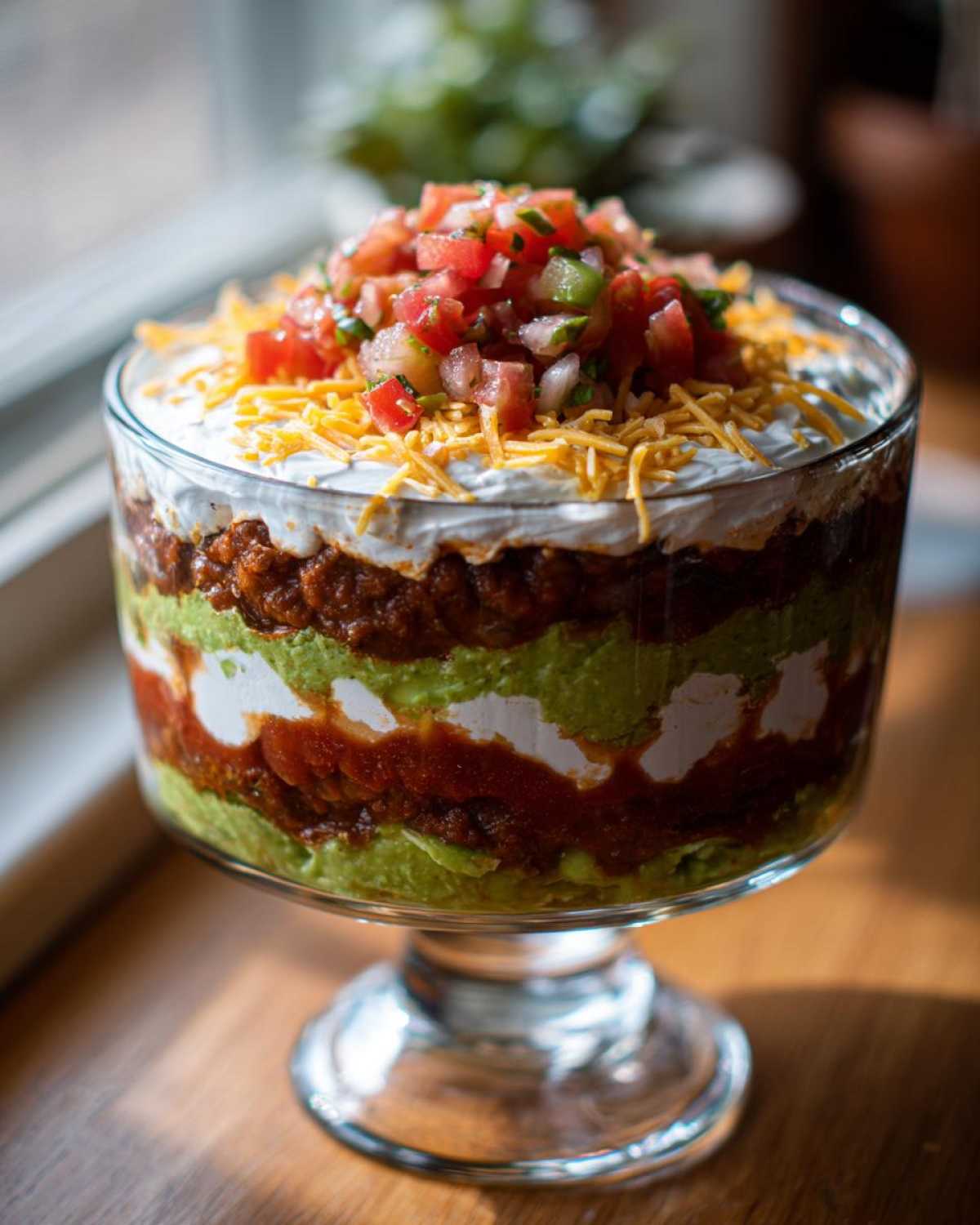 Close-up of a vibrant 7 layer dip served in a clear glass trifle dish, topped with pico de gallo.
