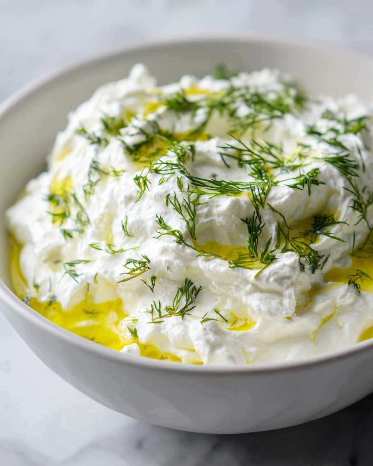 Close-up of creamy whipped feta dip in a white bowl, drizzled with olive oil and fresh dill.
