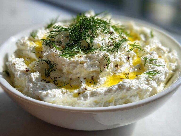 Close-up of a bowl of creamy whipped feta dip drizzled with olive oil and fresh dill.