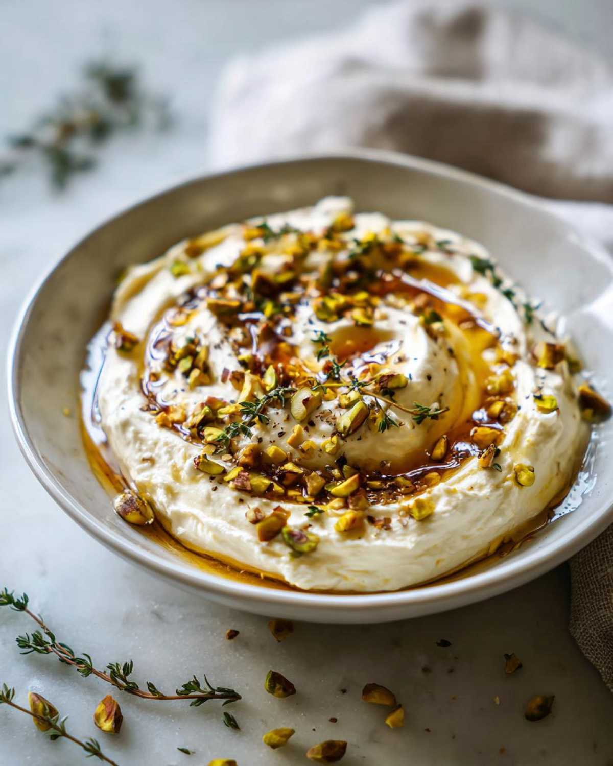 A bowl of creamy whipped goat cheese drizzled with honey and topped with chopped pistachios and fresh thyme.