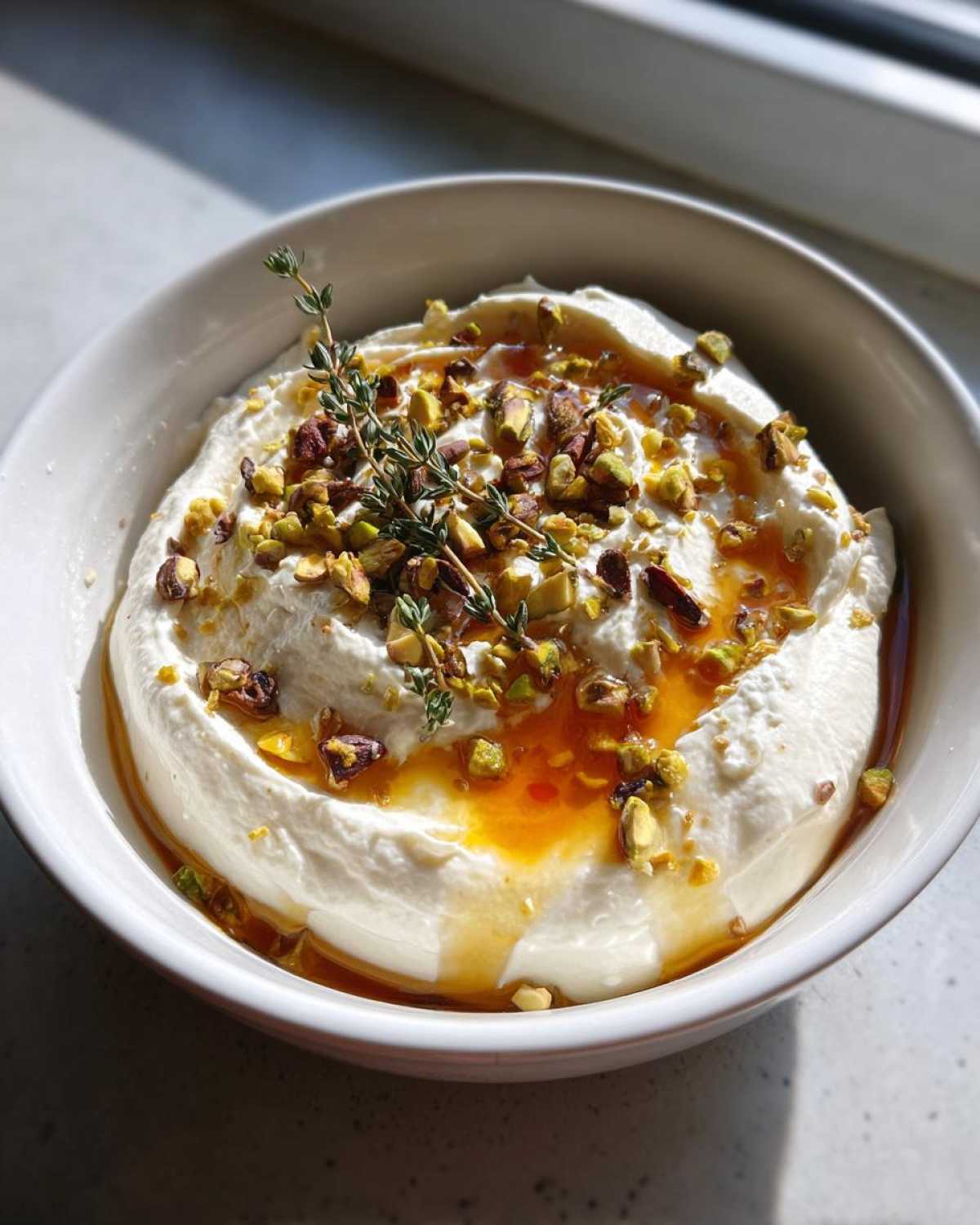 A bowl of fluffy whipped goat cheese drizzled with honey and topped with chopped pistachios and thyme.