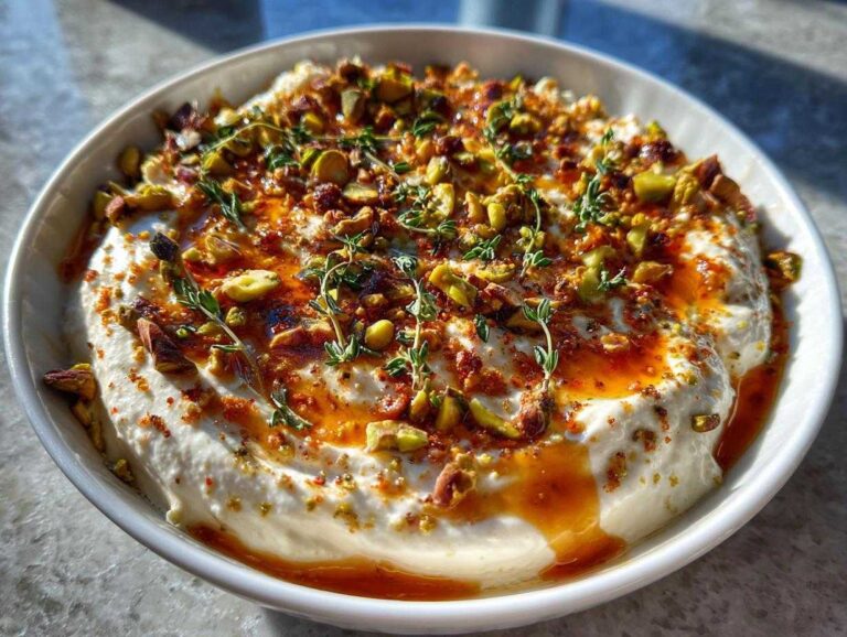 A bowl of creamy whipped goat cheese topped with chopped pistachios, chili oil, and fresh thyme sprigs.
