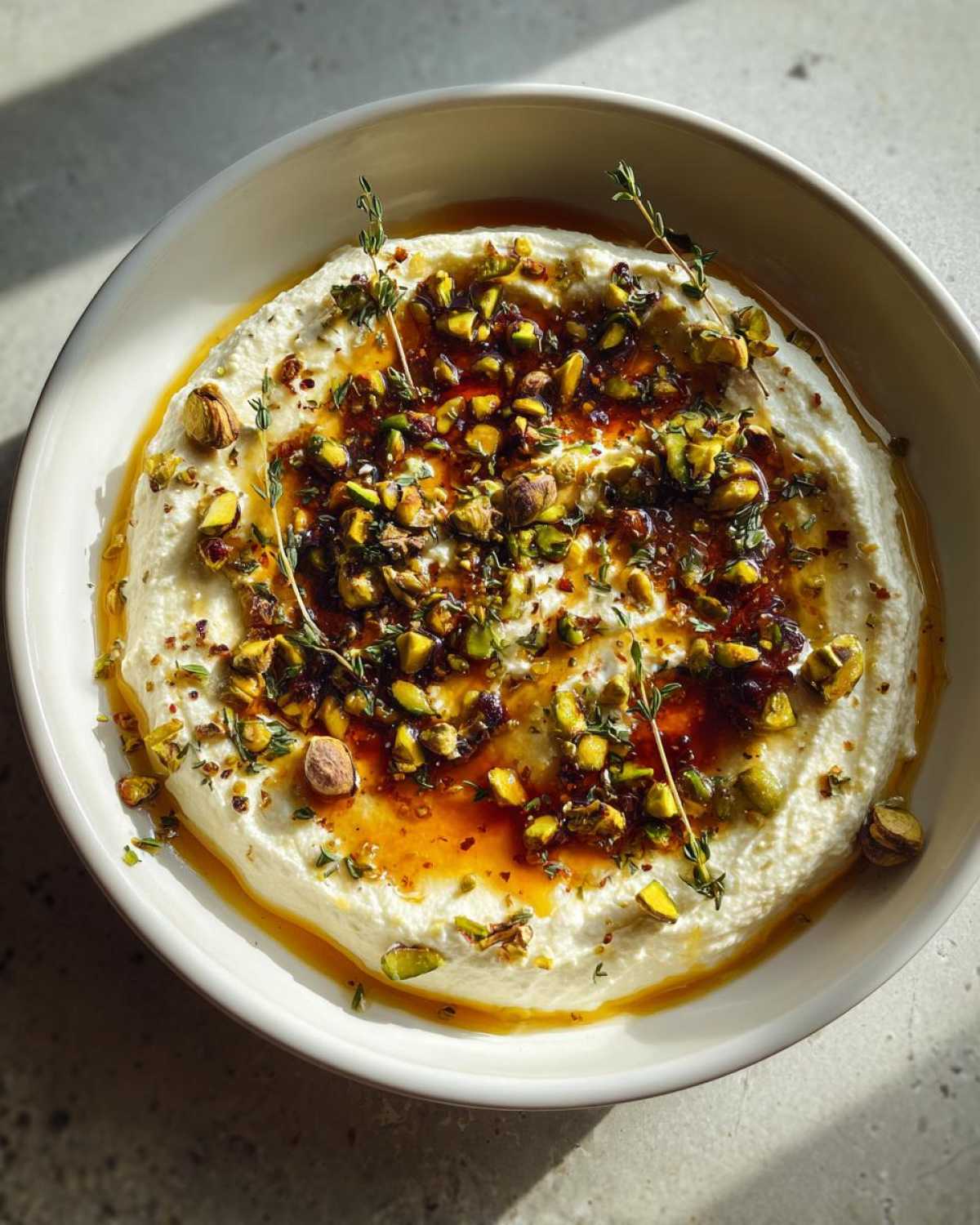 Close-up of creamy whipped goat cheese topped with chopped pistachios, honey, and fresh thyme sprigs.