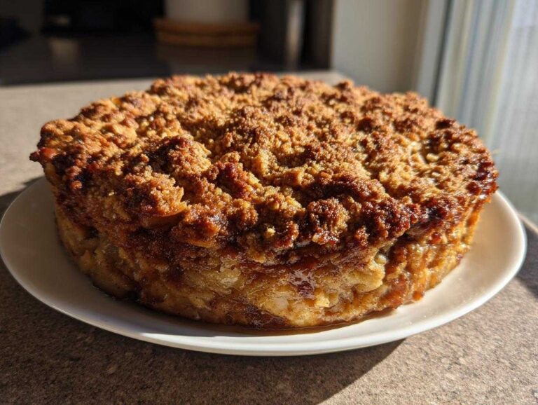 A whole, freshly baked apple crisp recipe dessert with a thick, crunchy topping sitting on a white plate.