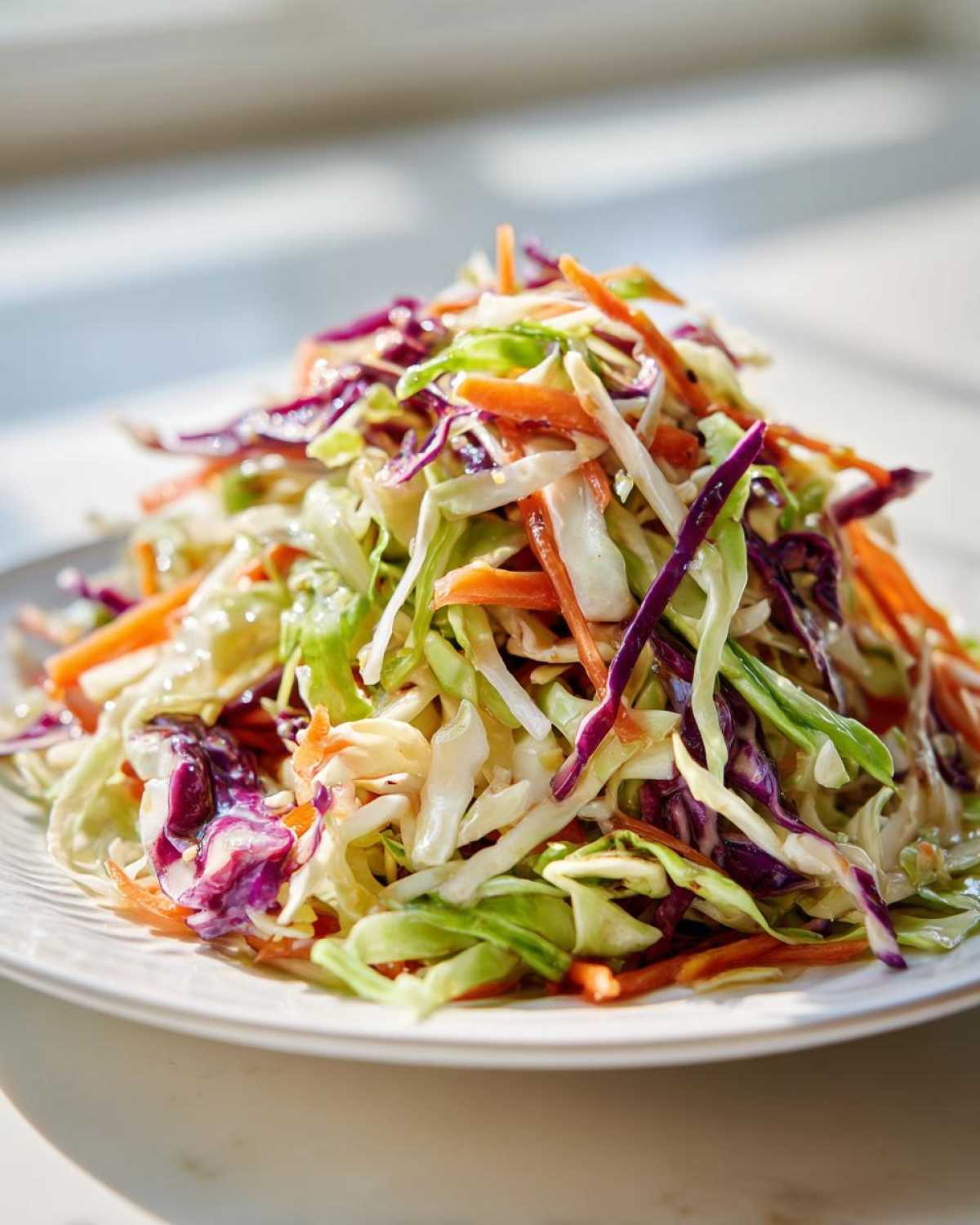 A mound of fresh cabbage salad featuring shredded green, white, and purple cabbage mixed with bright orange carrots.
