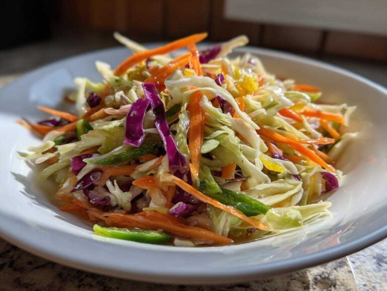 Close-up of a vibrant cabbage salad with shredded white and red cabbage, carrots, and green peppers in a white bowl.