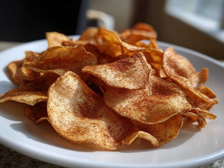 Close-up of crispy Air Fryer Cinnamon Sugar Apple Chips dusted heavily with cinnamon and sugar mix on a white plate.