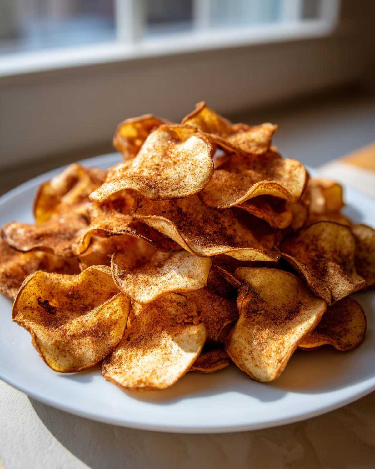 A close-up of a large pile of crispy Air Fryer Cinnamon Sugar Apple Chips dusted heavily with spice mix on a white plate.