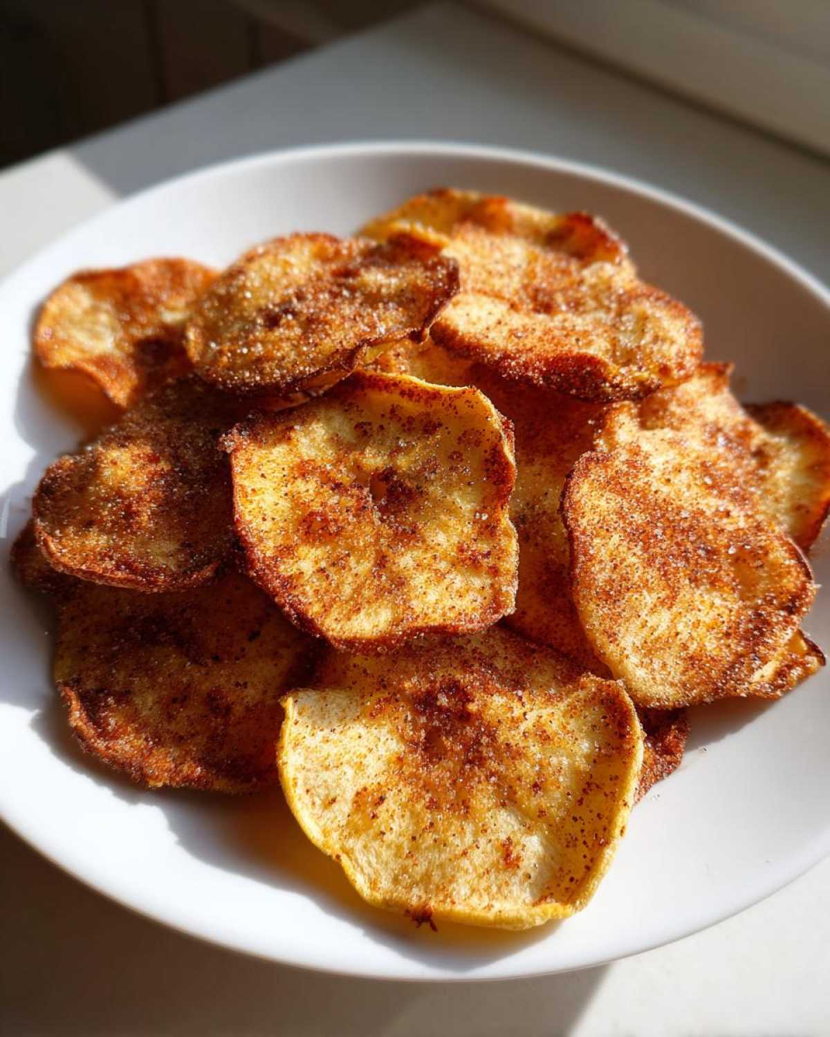 A close-up of crispy Air Fryer Cinnamon Sugar Apple Chips piled on a white plate, dusted heavily with cinnamon and sugar.