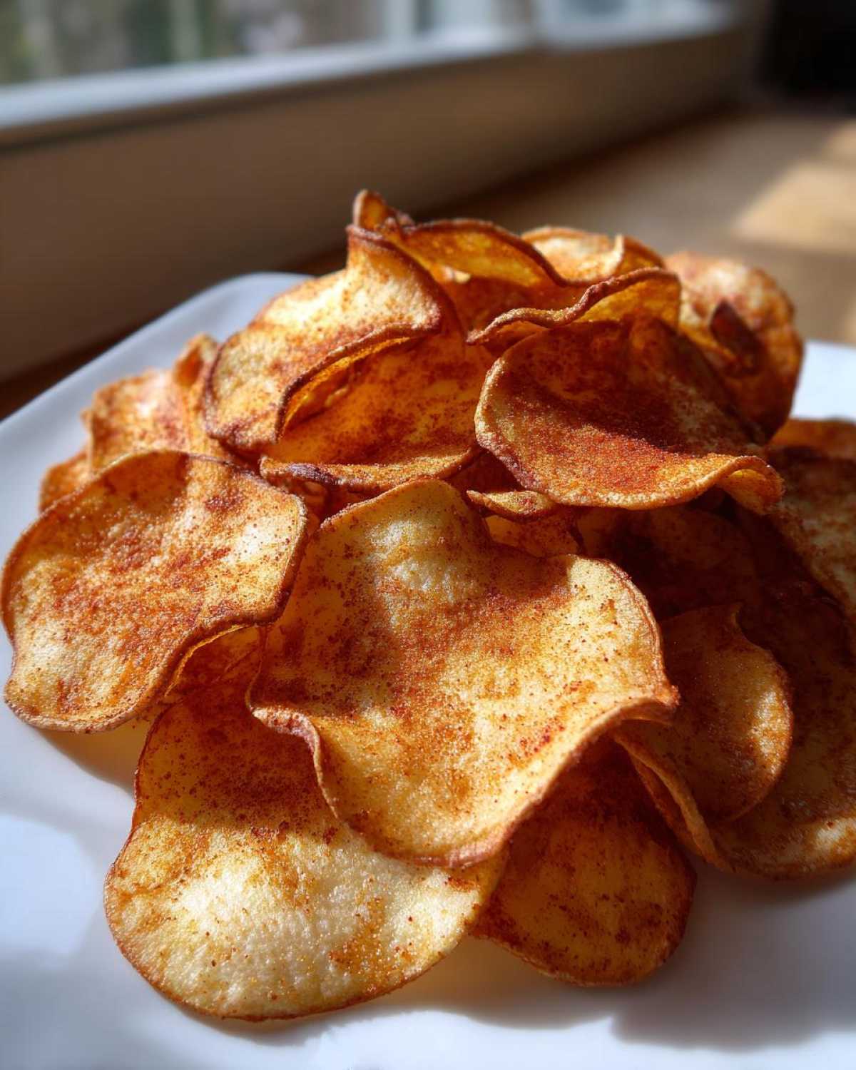 A close-up of crispy Air Fryer Cinnamon Sugar Apple Chips piled on a white plate, dusted with spice.