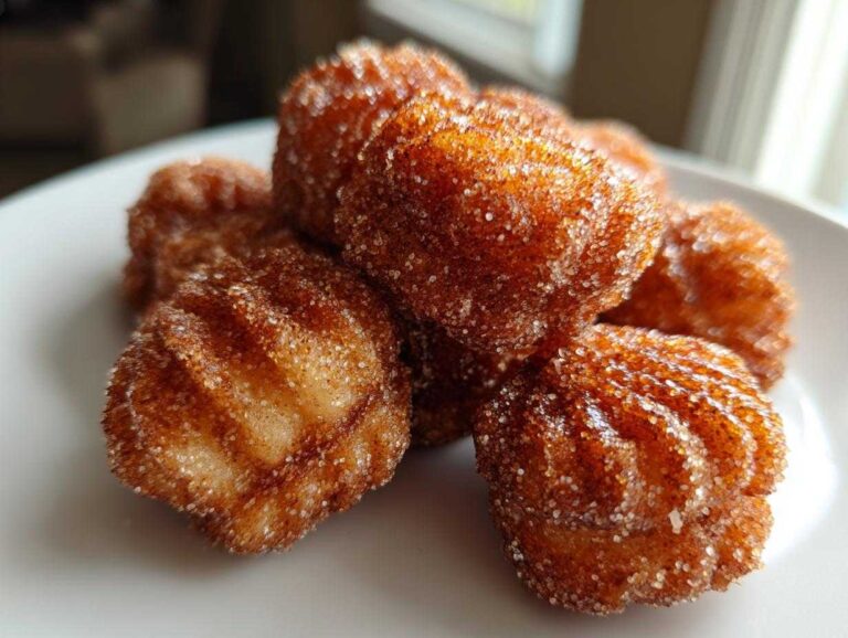 Close-up of several golden brown Air Fryer Cinnamon Sugar Churro Bites coated heavily in sparkling cinnamon sugar.