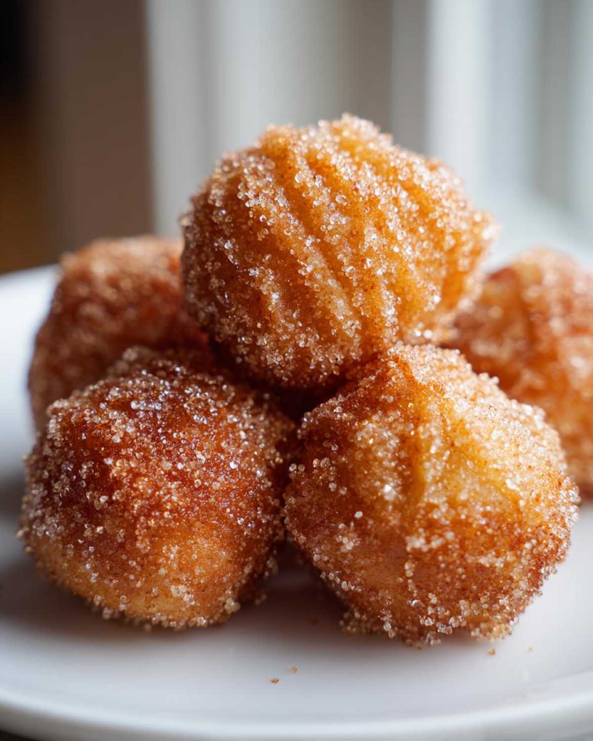 A stack of golden brown Air Fryer Cinnamon Sugar Churro Bites heavily coated in sparkling cinnamon sugar.