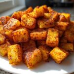 A close-up of perfectly cooked Air Fryer Crispy Breakfast Potatoes with Paprika piled high on a white plate.