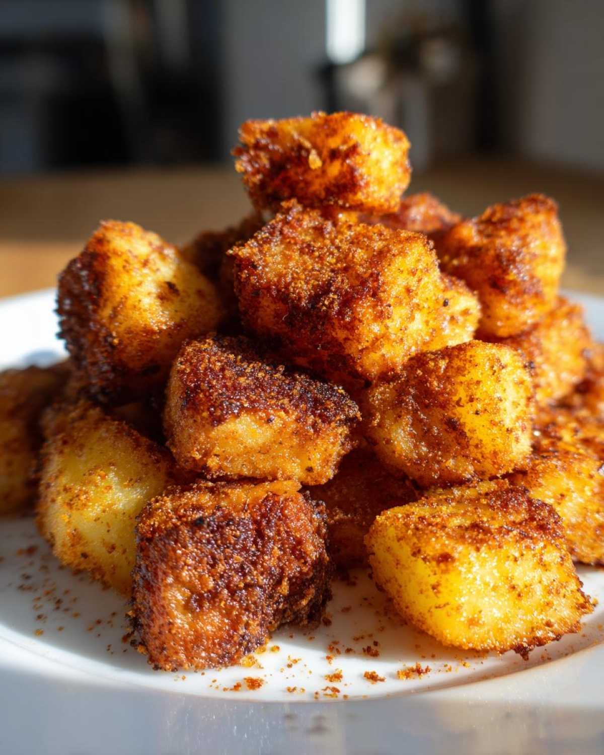 Close-up of golden, crispy Air Fryer Crispy Breakfast Potatoes with Paprika piled high on a white plate.