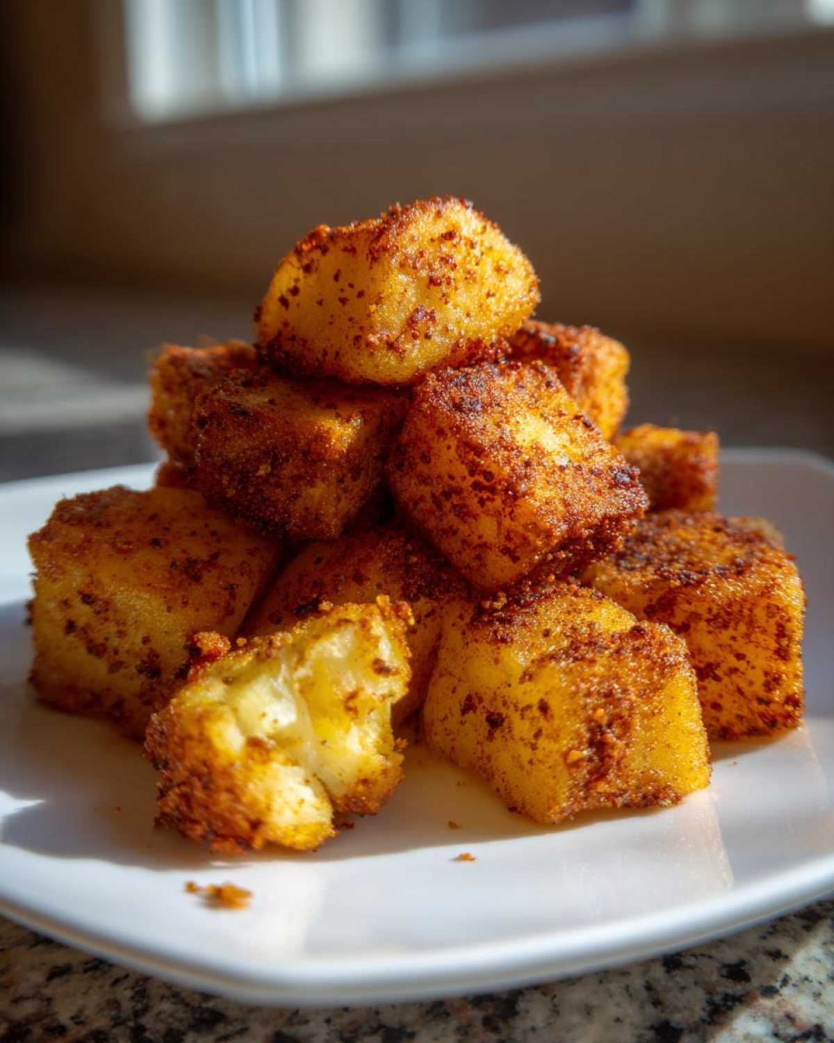 A stack of golden, crispy Air Fryer Crispy Breakfast Potatoes with Paprika on a white plate.