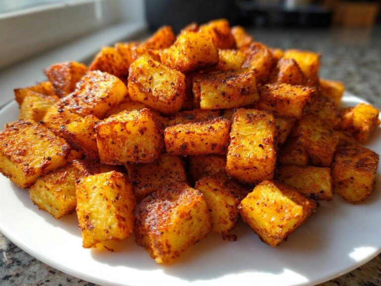 A close-up of perfectly cooked Air Fryer Crispy Breakfast Potatoes with Paprika piled high on a white plate.