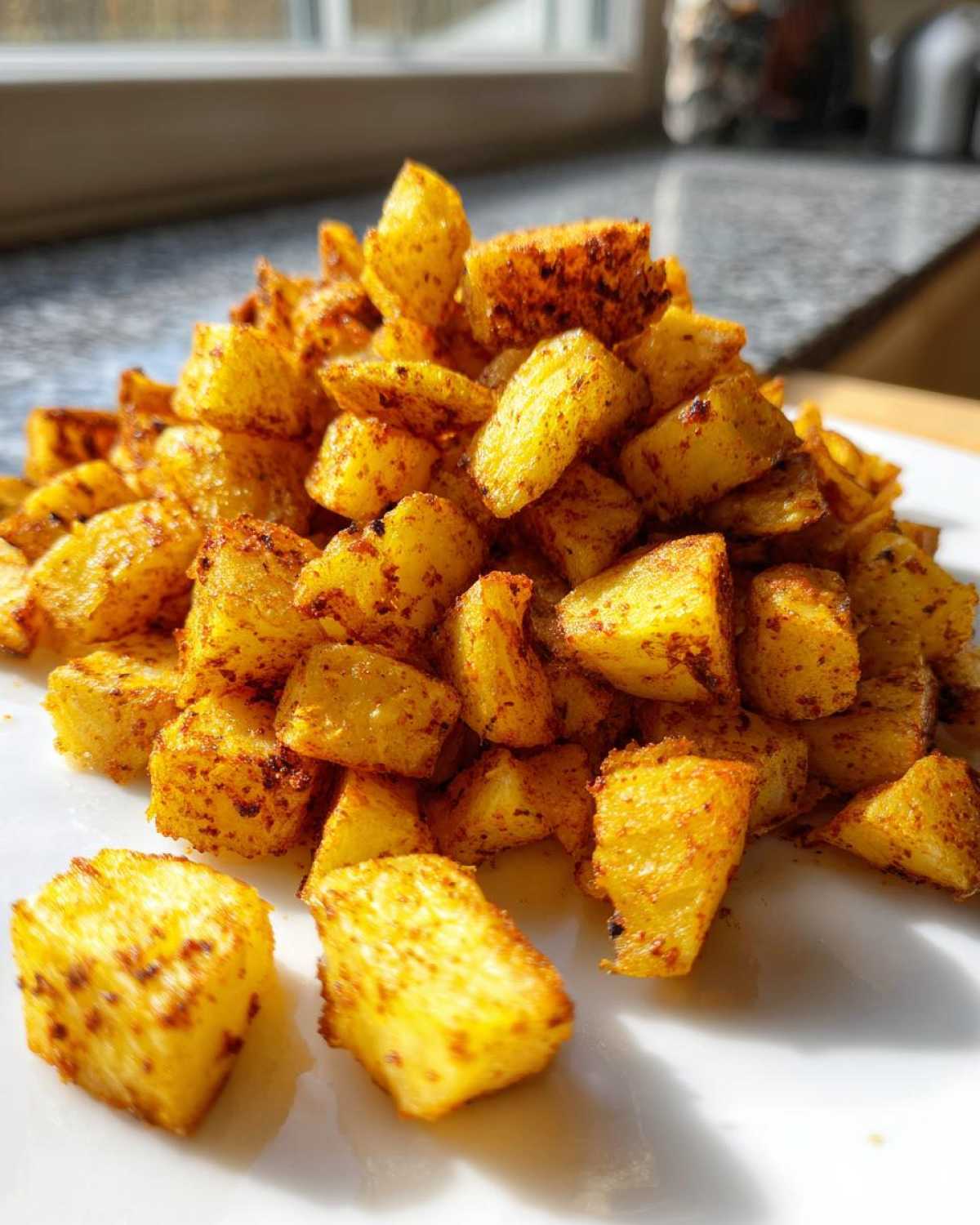 A mound of golden, crispy Air Fryer Crispy Breakfast Potatoes with Paprika piled high on a white plate.