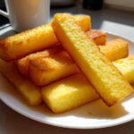 A stack of golden brown Air Fryer Crispy Polenta Fries on a white plate, highlighted by bright sunlight.
