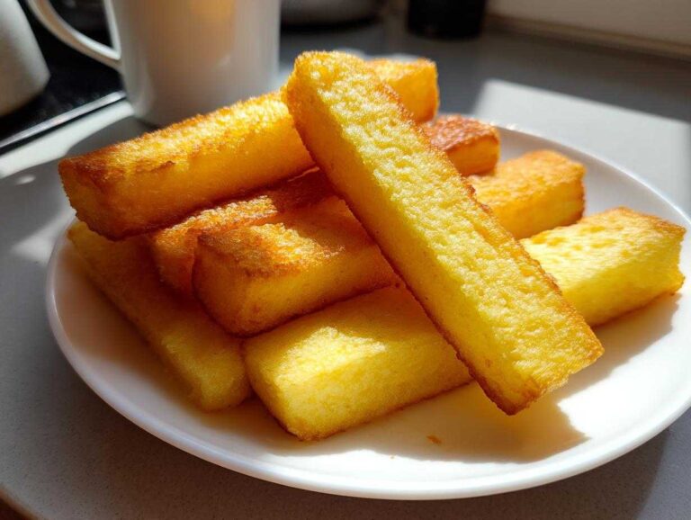 A stack of golden brown Air Fryer Crispy Polenta Fries on a white plate, highlighted by bright sunlight.