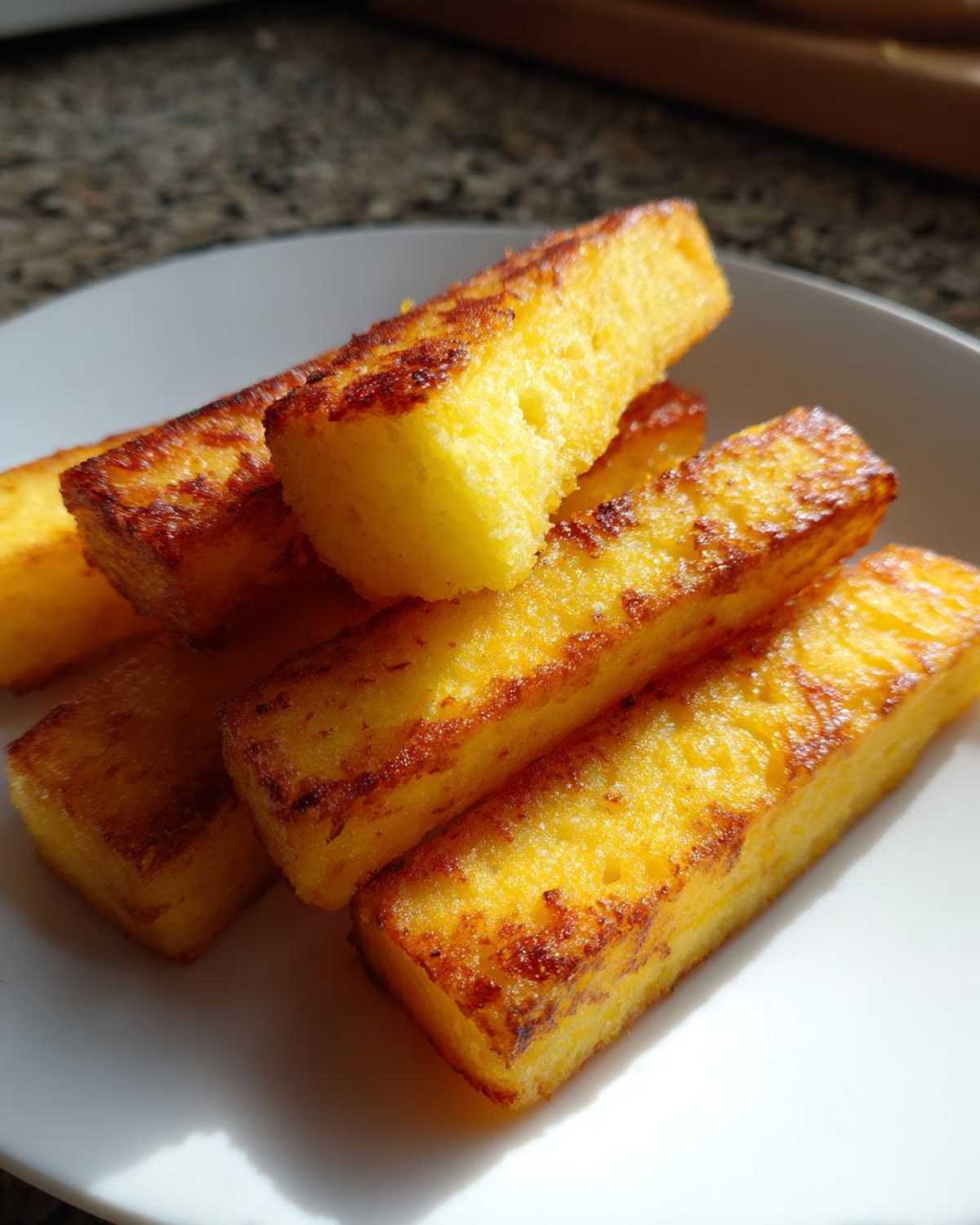 Close-up of golden brown Air Fryer Crispy Polenta Fries stacked on a white plate.