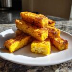 A stack of golden brown Air Fryer Crispy Polenta Fries piled on a white plate, showing a soft interior.