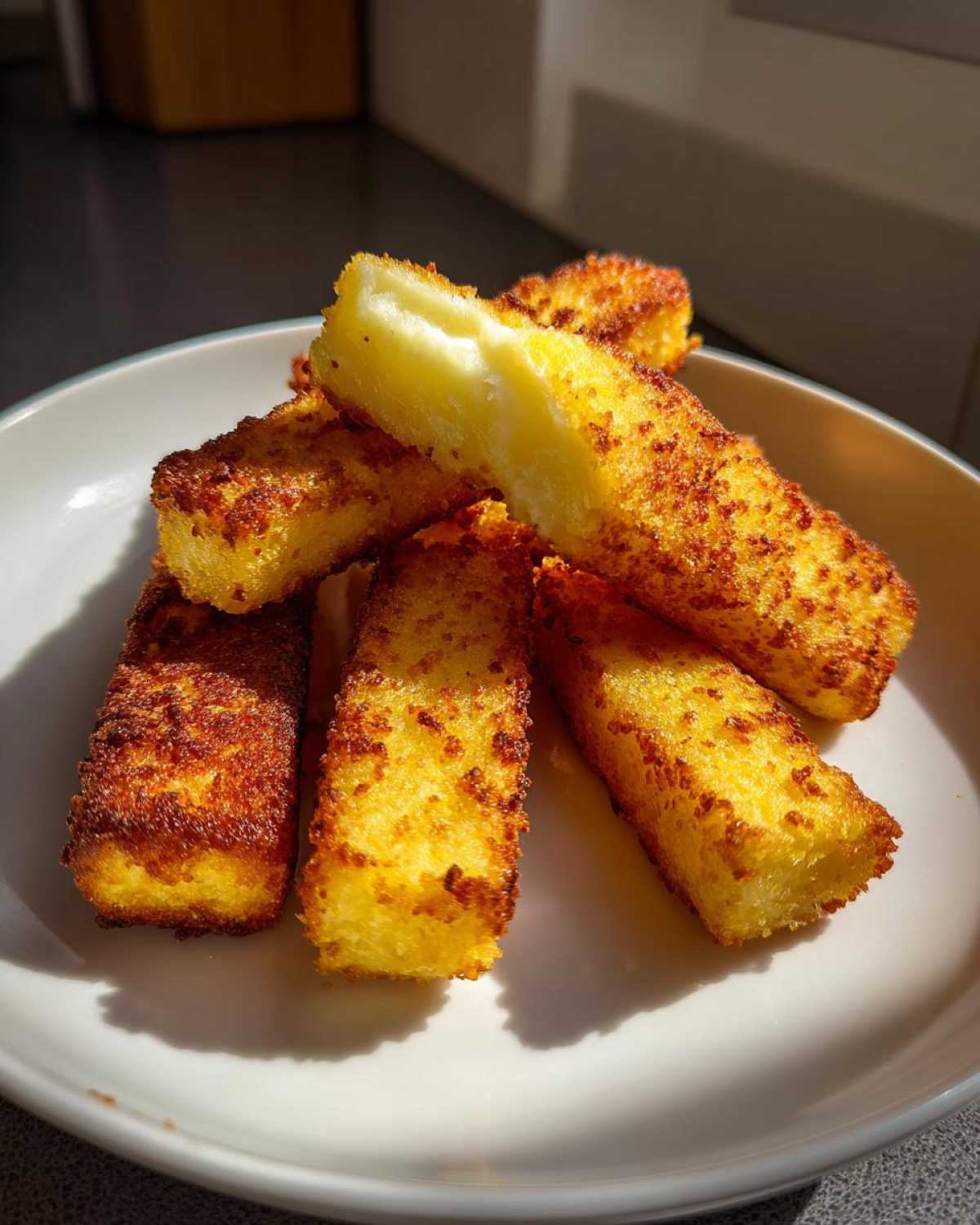 A stack of golden brown Air Fryer Crispy Polenta Fries on a white plate, one piece broken open showing the soft interior.