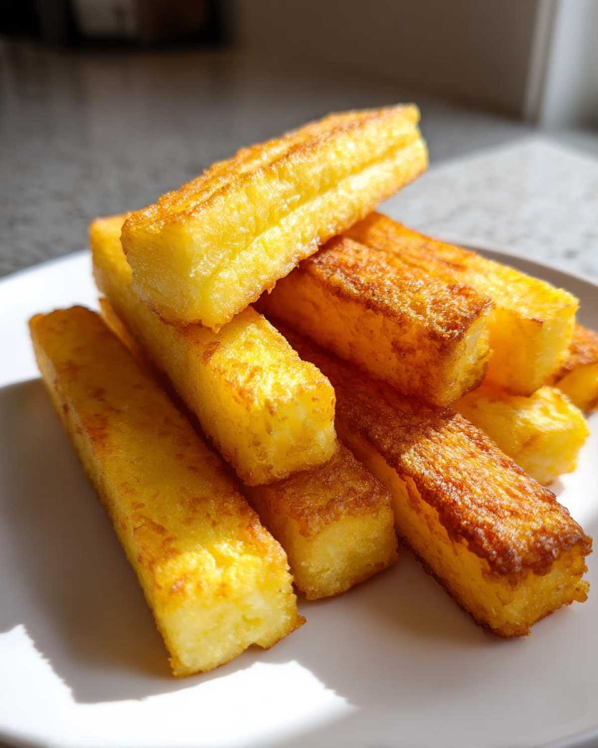 A close-up stack of golden brown Air Fryer Crispy Polenta Fries resting on a white plate, catching bright sunlight.