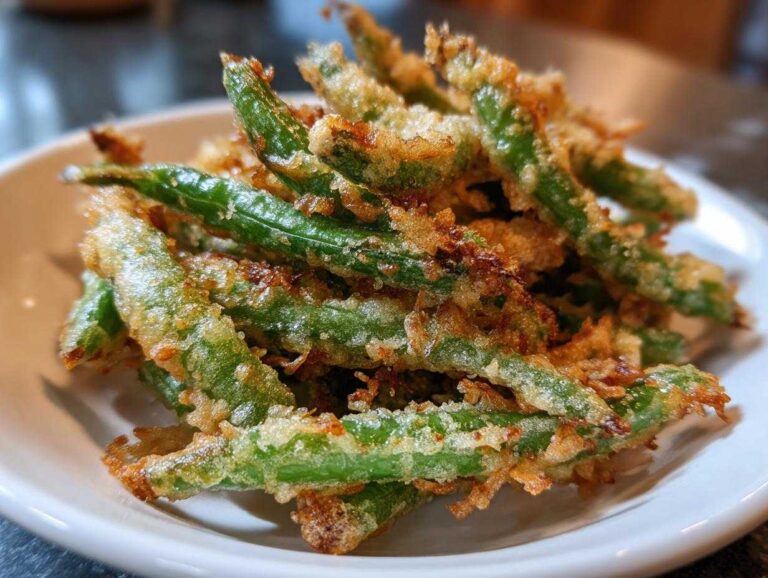 Close-up of a pile of Air Fryer Crispy Tempura Green Beans on a white plate.