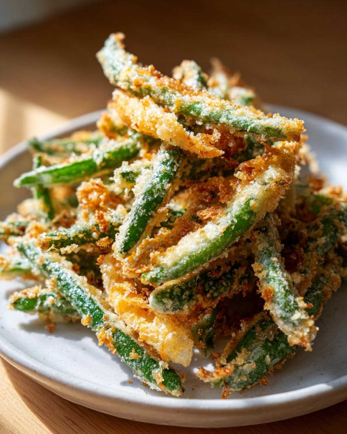 A close-up pile of Air Fryer Crispy Tempura Green Beans stacked on a light-colored plate.