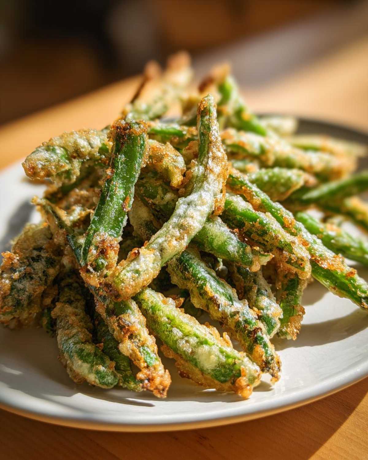 A close-up of a pile of golden, crispy Air Fryer Crispy Tempura Green Beans on a white plate.
