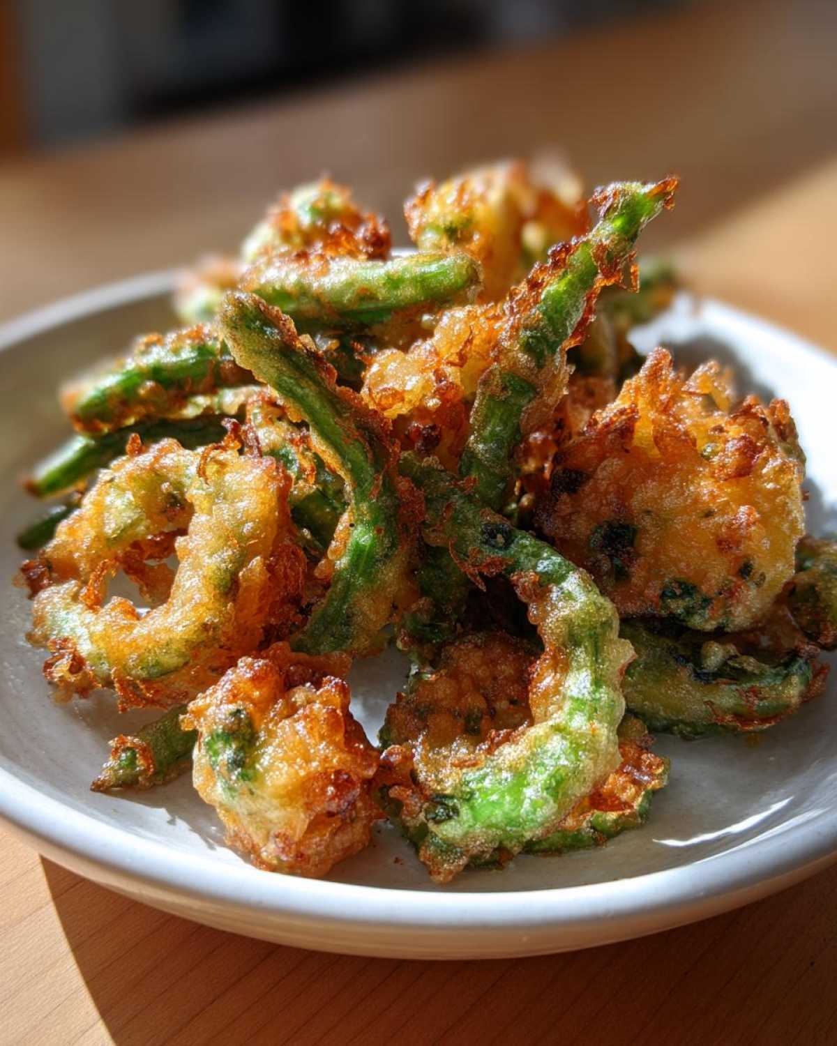 A close-up of golden brown, crispy Air Fryer Crispy Tempura Green Beans piled on a white plate.