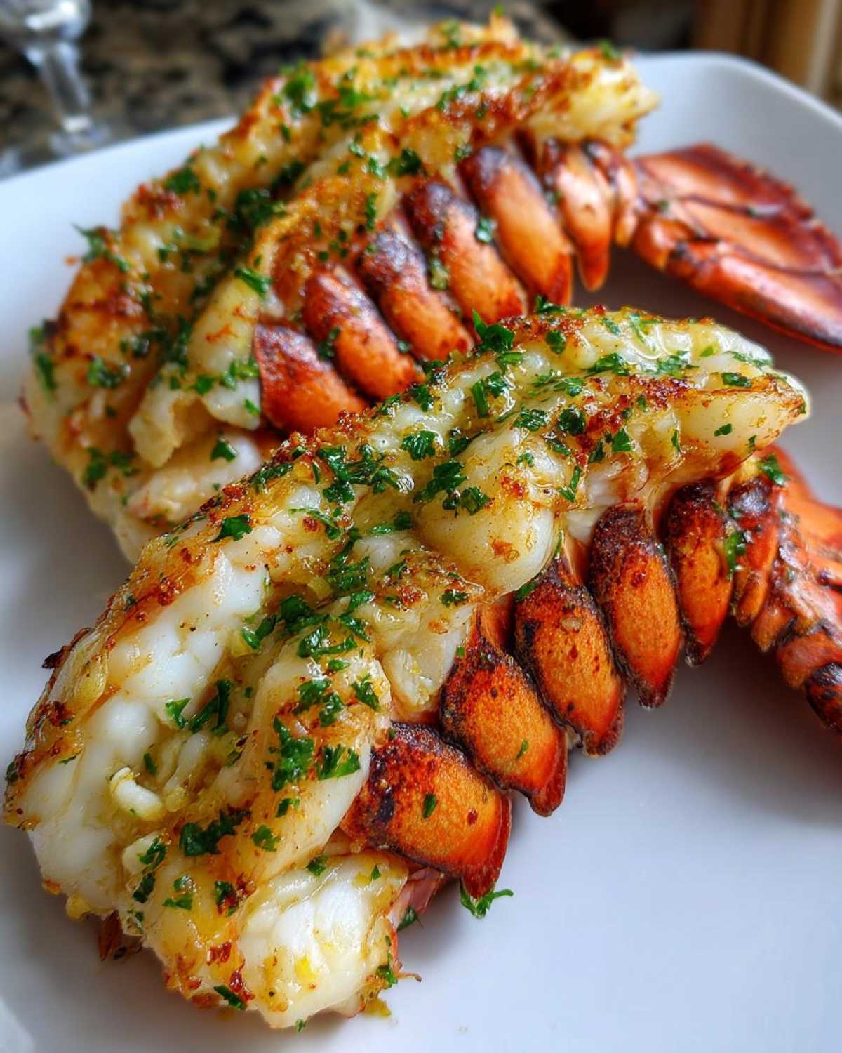 Close-up of two cooked Air Fryer Garlic Butter Lobster Tails seasoned with herbs on a white plate.