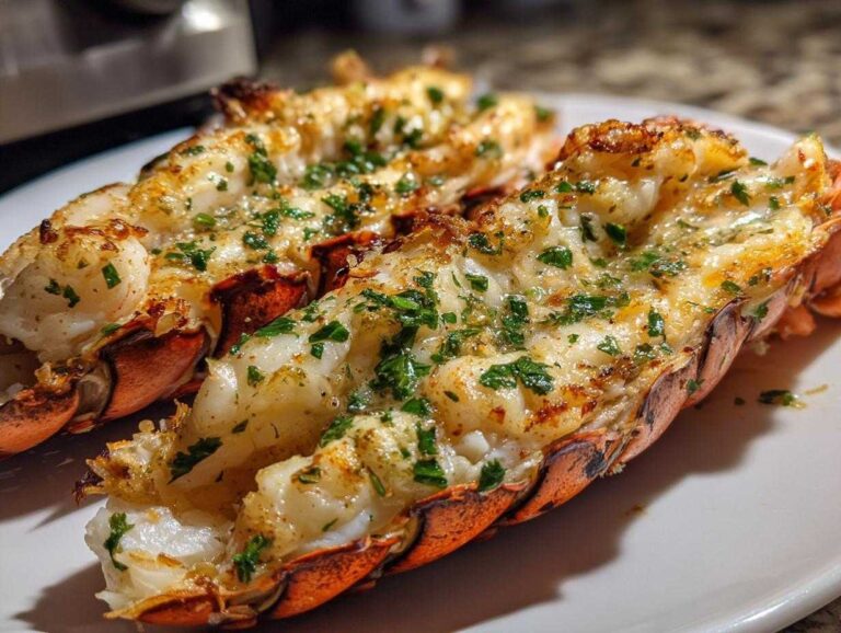 Two perfectly cooked Air Fryer Garlic Butter Lobster Tails, split open and topped with melted butter and fresh parsley.