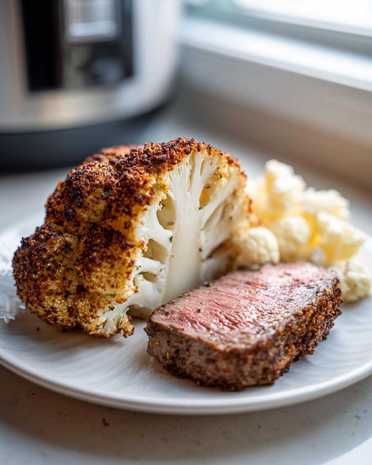 A thick slice of Air Fryer Garlic Parmesan Cauliflower Steak served next to a medium-rare steak on a white plate.