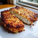 Cross-section view of crispy Air Fryer Garlic Parmesan Cauliflower Steaks showing the white interior and golden-brown, seasoned crust.