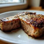 Close-up of Air Fryer Garlic Parmesan Cauliflower Steaks, sliced to show the texture and golden-brown crust.