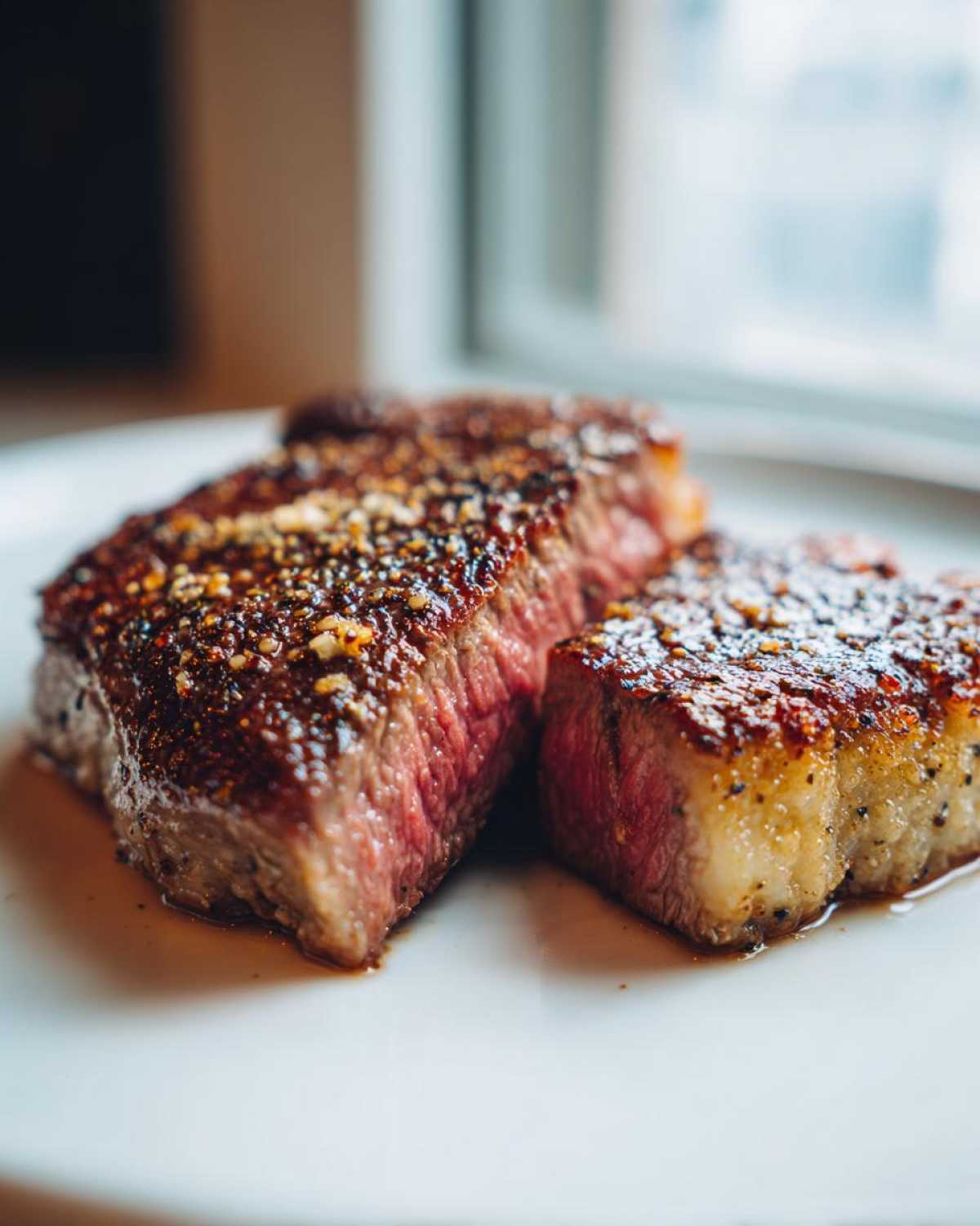 Two thick slices of Air Fryer Garlic Parmesan Cauliflower Steaks, showing a seared exterior and tender interior.