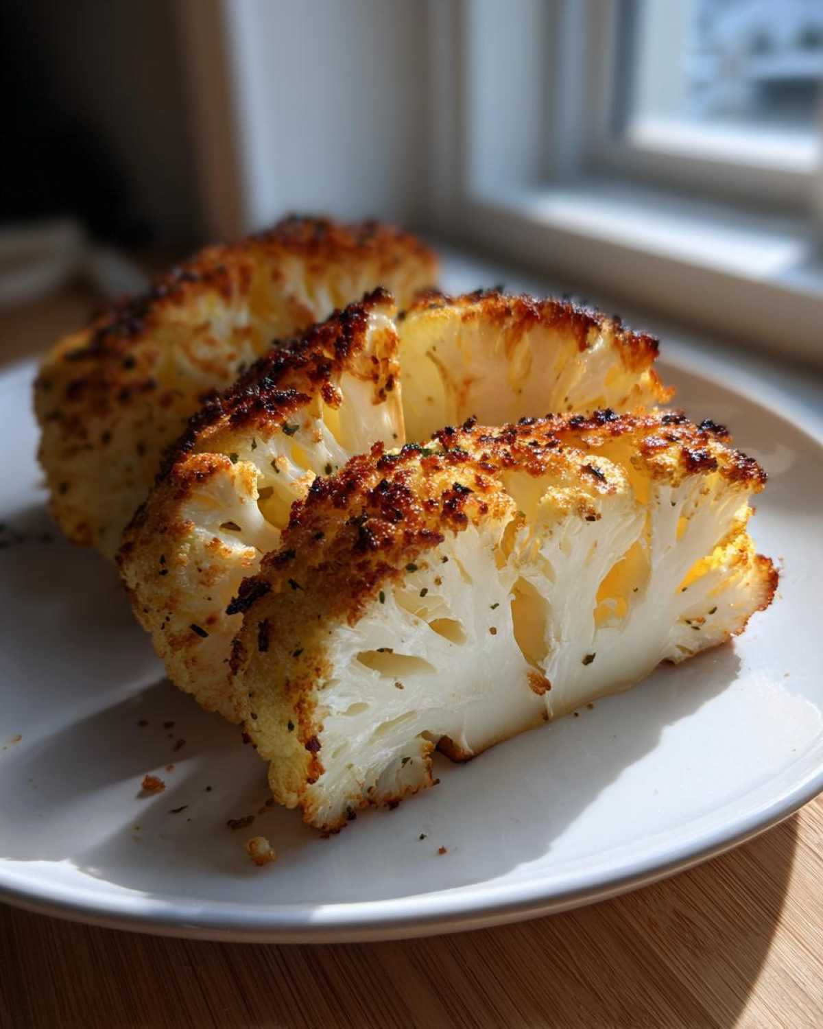 Close-up of three crispy Air Fryer Garlic Parmesan Cauliflower Steaks served on a white plate.