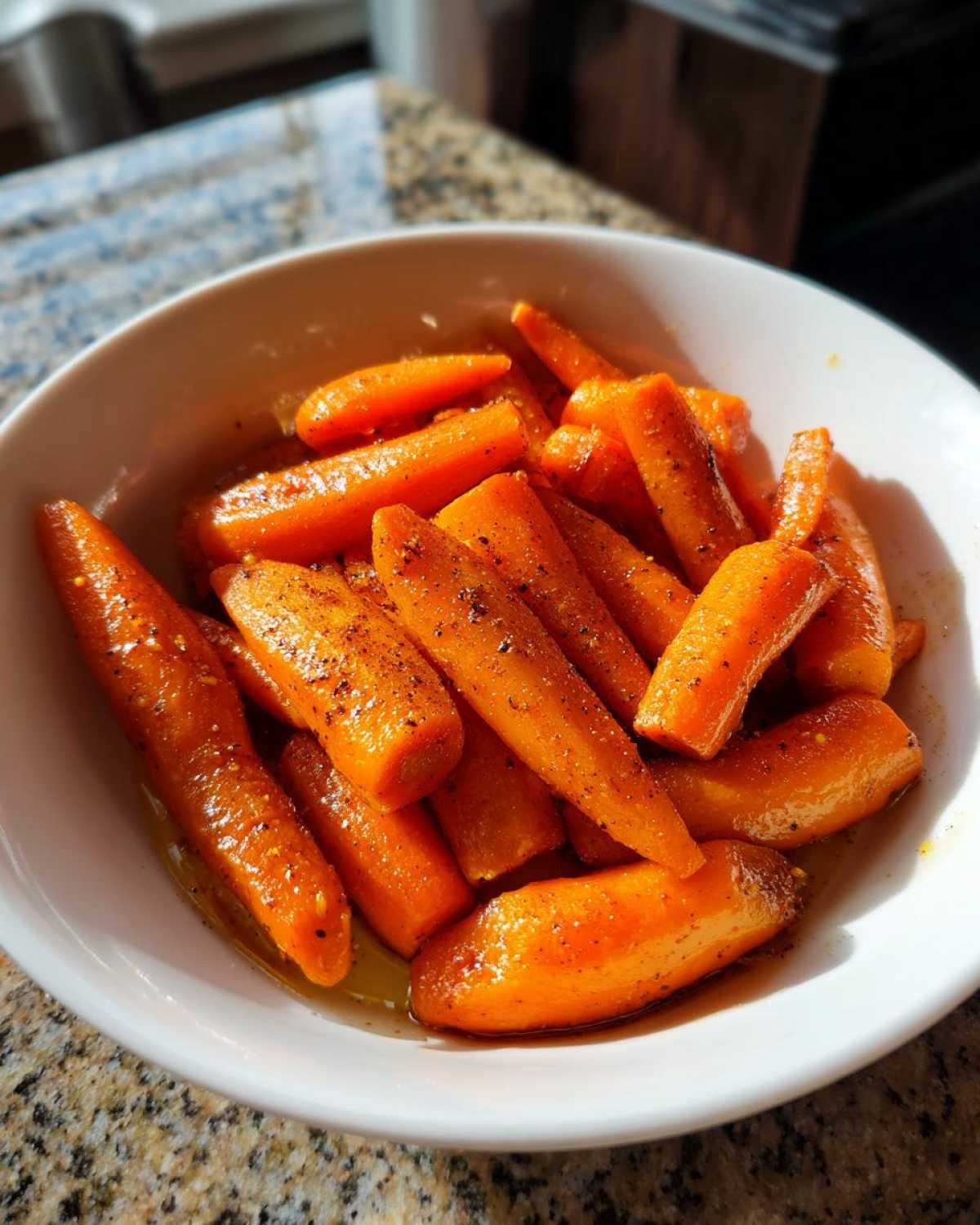 Close-up of glossy, caramelized Air Fryer Maple Glazed Carrots piled high in a white serving bowl.
