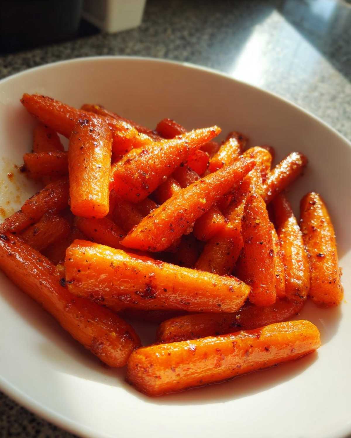 A white bowl filled with glossy, bright orange Air Fryer Maple Glazed Carrots, seasoned with spices.