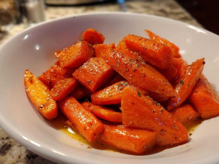 Bright orange, glazed carrots seasoned with herbs served in a white bowl, showcasing the Air Fryer Maple Glazed Carrots recipe.