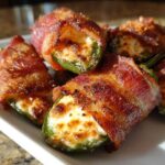 Close-up of crispy, bacon-wrapped Air Fryer Stuffed Jalapeno Poppers filled with melted cheese.